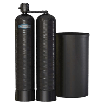 A black twin-tank water softener system